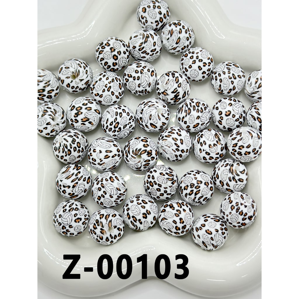 Brown Jaguar Leopard Prints Volleyball White Round Printed Silicone Beads 15mm, Number Z-00103