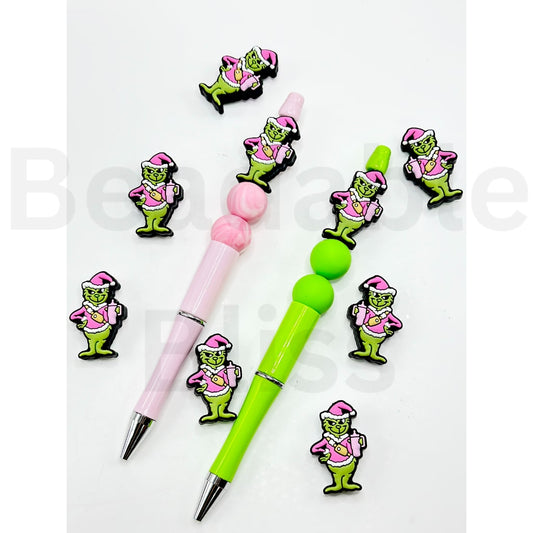 Green Monster Grinc in a Pink Christmas Hat Holds a Cup Bottle Silicone Focal Beads  (ship out in around 4-6 Days after ordering)