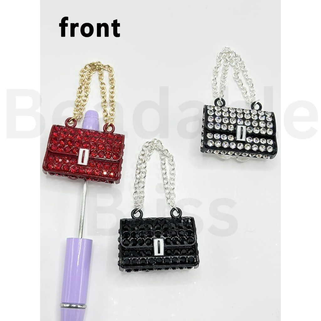Bling Bling Lady Handbag with Shiny Rhinestones Small Flowers White Pearls Butterfly Heart Diamond Hanging Chain Clay Beads, Around 68MM Long (Including the Hanging Chain), Please Read the Description