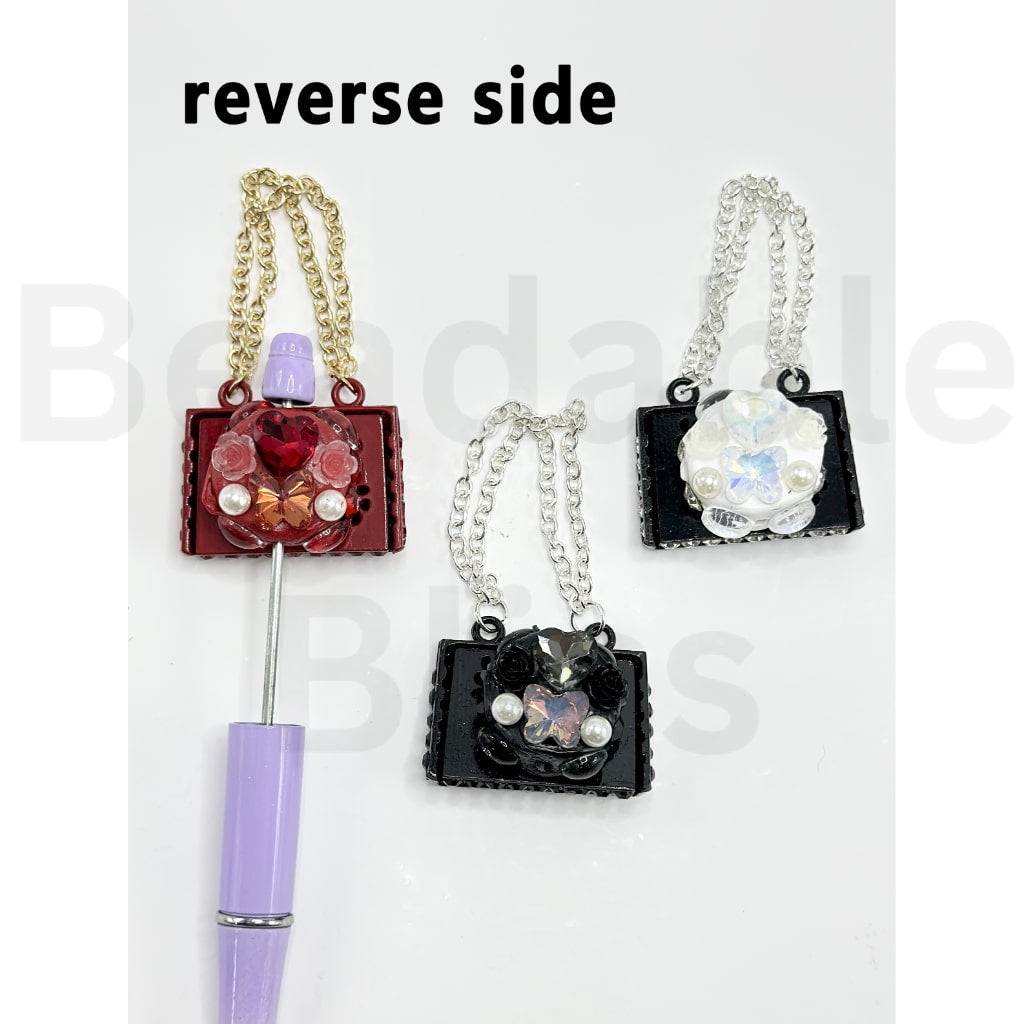 Bling Bling Lady Handbag with Shiny Rhinestones Small Flowers White Pearls Butterfly Heart Diamond Hanging Chain Clay Beads, Around 68MM Long (Including the Hanging Chain), Please Read the Description
