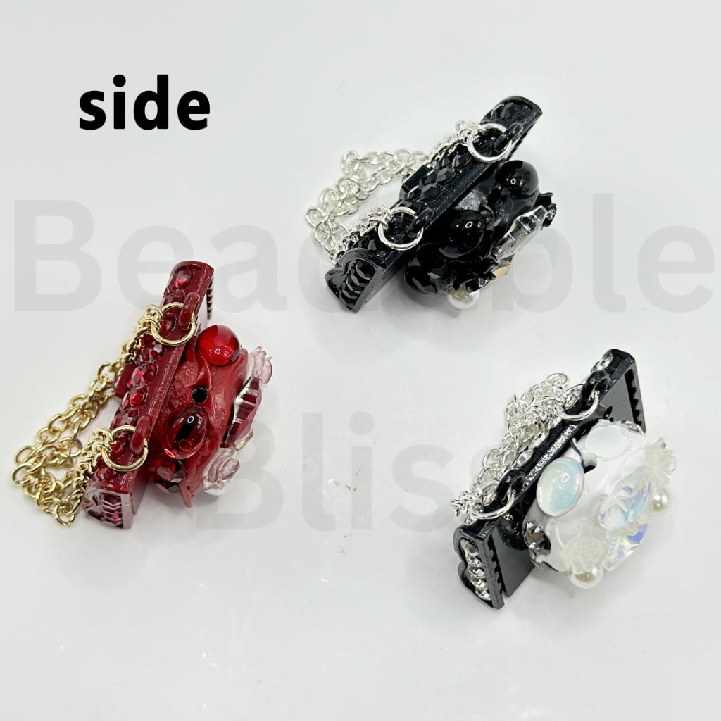 Bling Bling Lady Handbag with Shiny Rhinestones Small Flowers White Pearls Butterfly Heart Diamond Hanging Chain Clay Beads, Around 68MM Long (Including the Hanging Chain), Please Read the Description