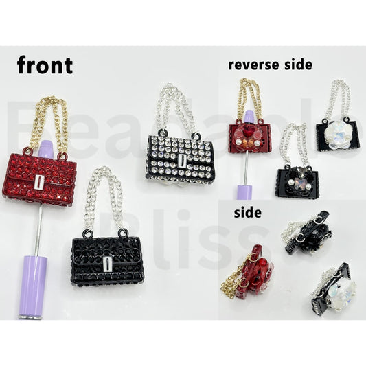 Bling Bling Lady Handbag with Shiny Rhinestones Small Flowers White Pearls Butterfly Heart Diamond Hanging Chain Clay Beads, Around 68MM Long (Including the Hanging Chain), Please Read the Description