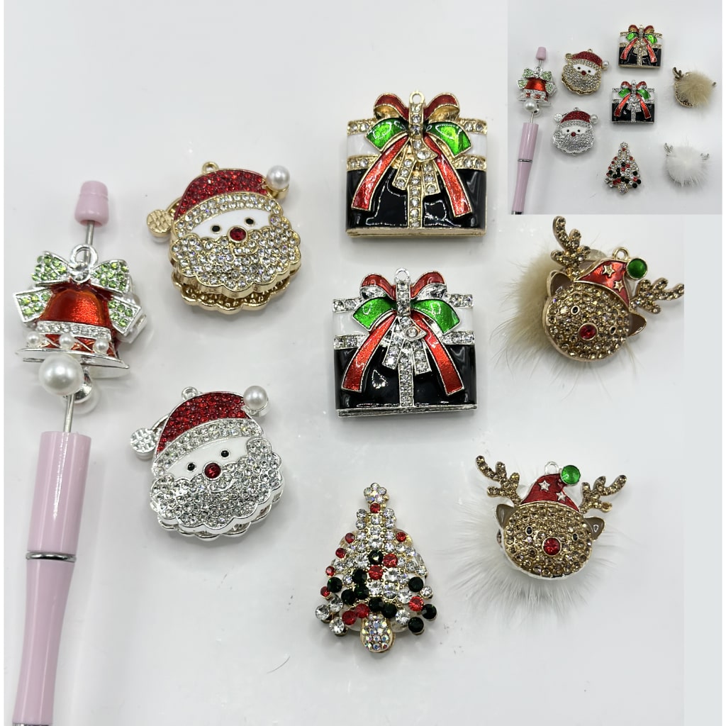 Bling Bling Alloy Metal Christmas Father Hat Bell Tree Gift Deer with Shiny Rhinestones Pearls Colorful Diamonds Clay Beads, Random Mix