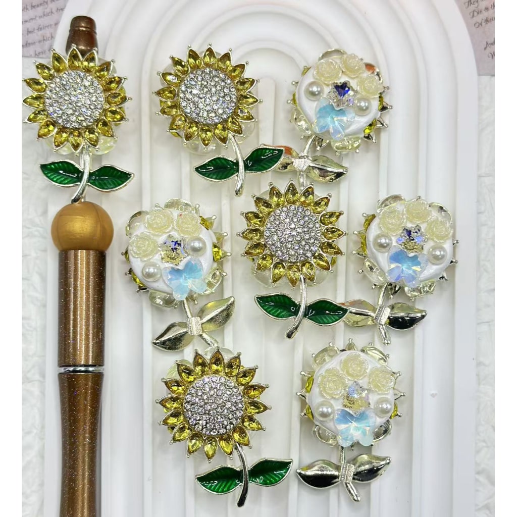 Bling Bling Cute Alloy Sunflower with Small Flowers White Pearls Shiny Rhinestones Star Butterfly Diamonds Clay Beads, Around 40*28MM