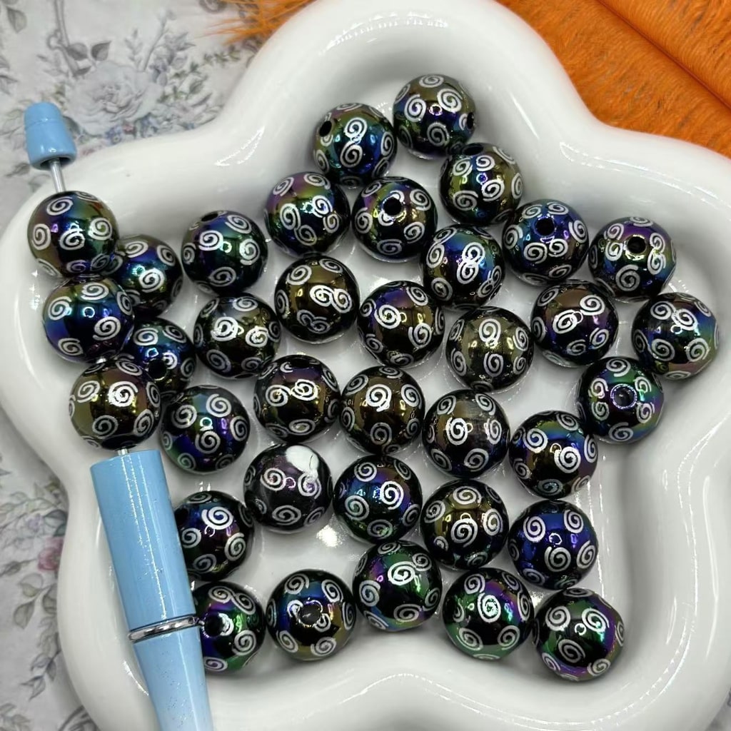 White & Gold Swirls Stripes Black & Red Round Acrylic Beads , 16MM