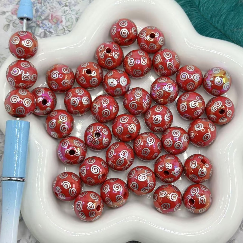 White & Gold Swirls Stripes Black & Red Round Acrylic Beads , 16MM