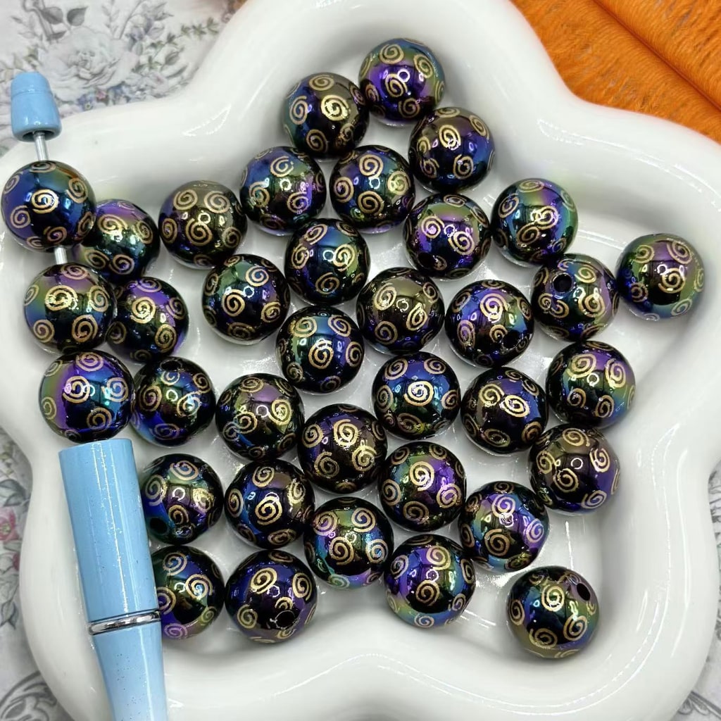 White & Gold Swirls Stripes Black & Red Round Acrylic Beads , 16MM