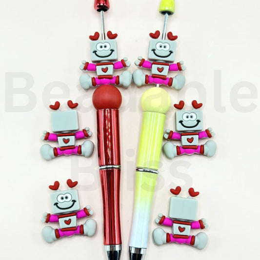 3D Vivid Valentines Love Robots with Cute Hearts Silicone Focal Beads
