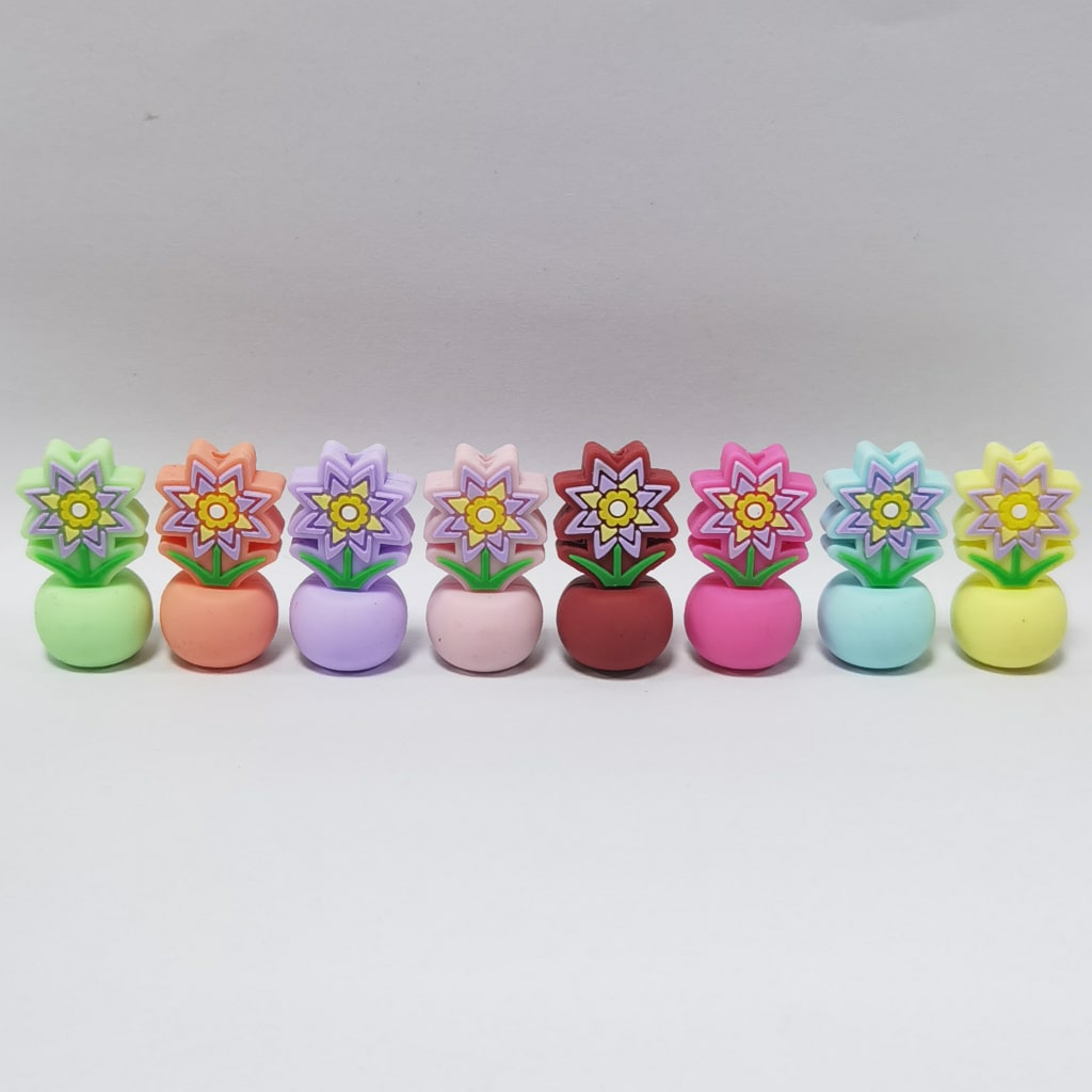 3D Colorful Cute Flower Pot Bonsai Silicone Focal Beads, Random Mix