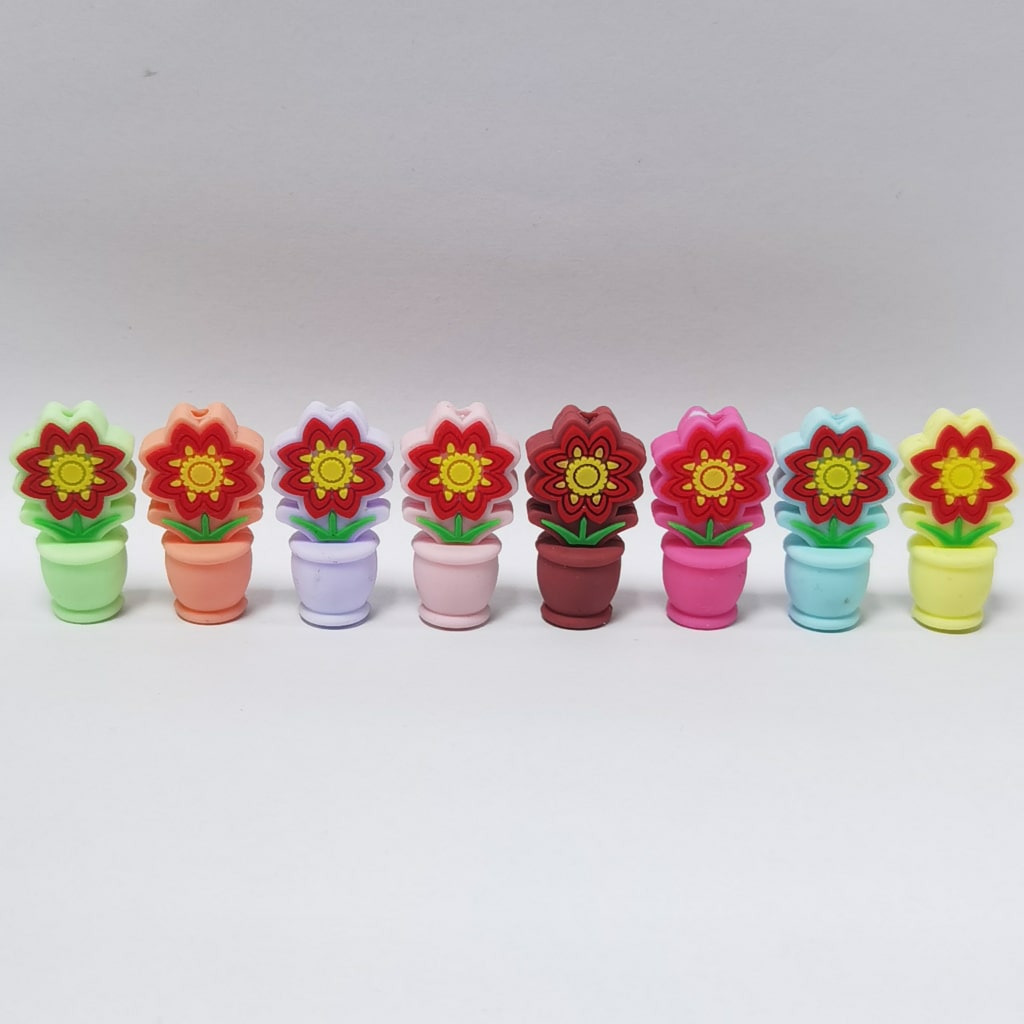 3D Colorful Mini Flower Pot Bonsai Silicone Focal Beads, Random Mix
