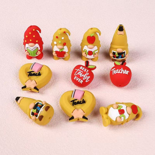 3D Red Yellow Gnomes Books Red Apples Teachers ABC 123 Pencils Hearts School Silicone Focal Beads