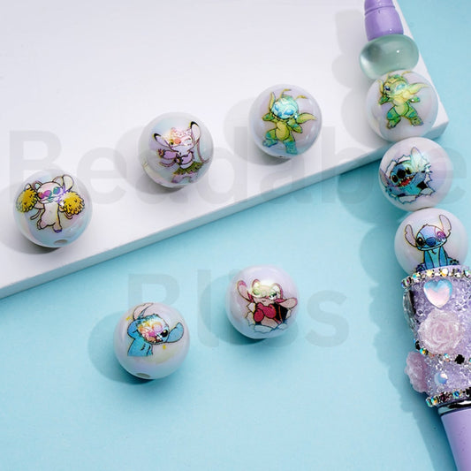 UV Coating Cute Stitc Disne Cartoon White Round Acrylic Beads, 16MM, Random Mix