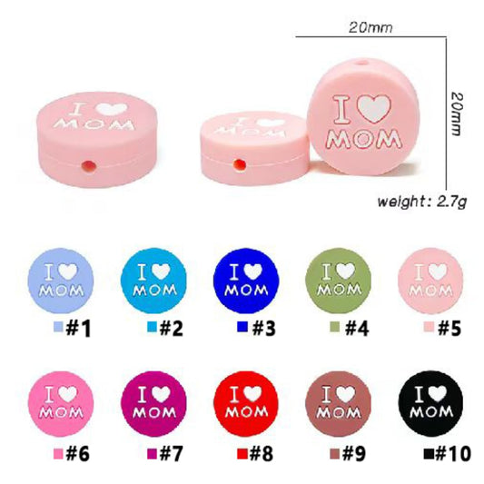 I Love Mom Round Silicone Focal Beads, Random Mix