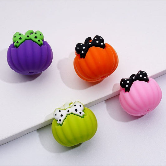 3D Mini Cute Pumpkin with Bows Halloween Silicone Focal Beads