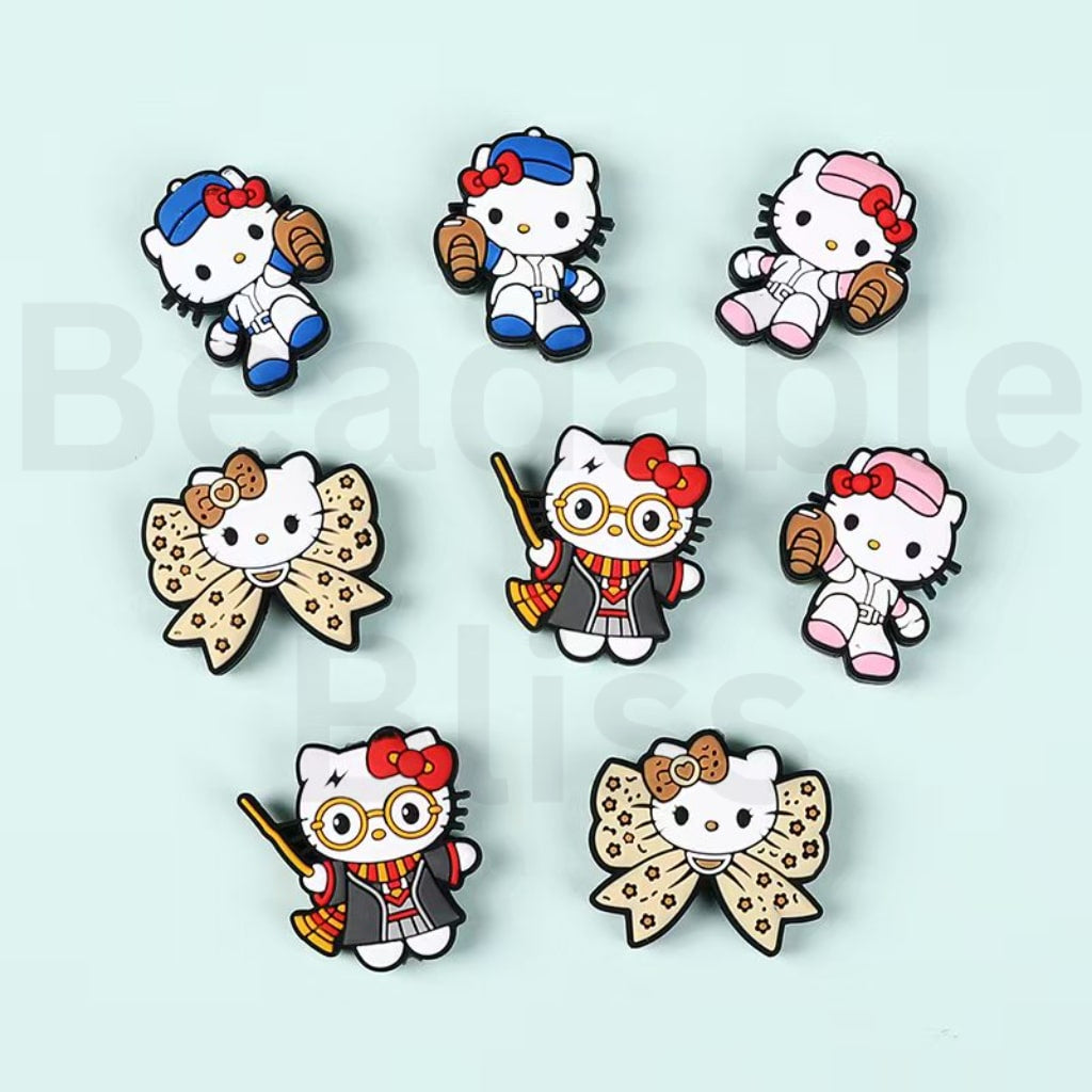 Cute HK Kitten Sanri Pink Blue Ballplayer Magician Jaguar Prints Bowknots Silicone Focal Beads