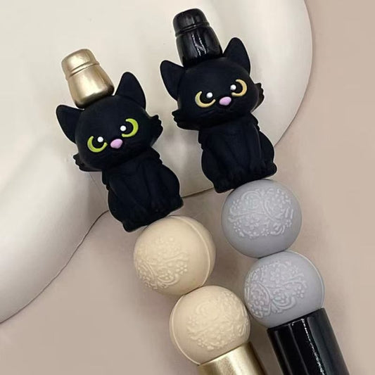3D Little Black Cat with Yellow Green Eyes Silicone Focal Beads