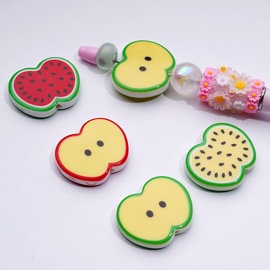 Cute Fruits Watermelon Apple Series Flat Acrylic Beads, Around 34*28MM