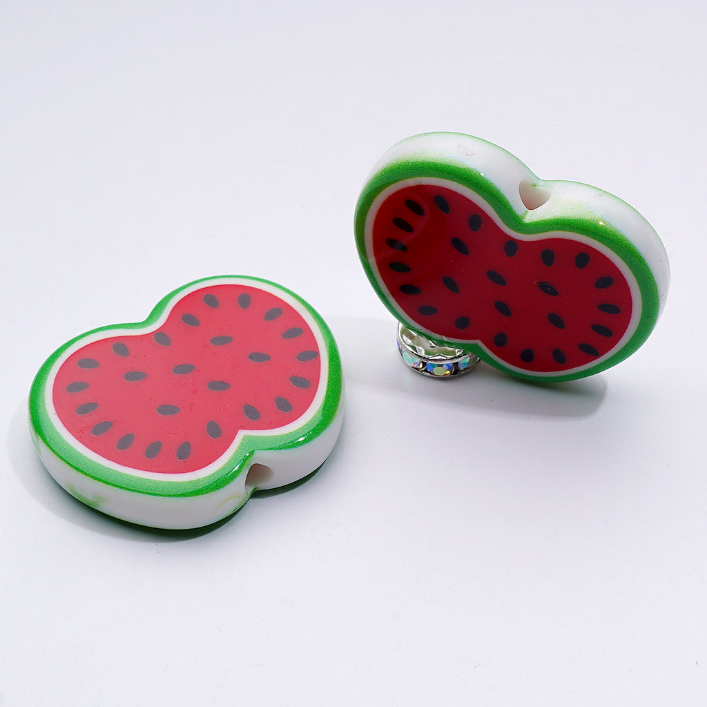 Cute Fruits Watermelon Apple Series Flat Acrylic Beads, Around 34*28MM