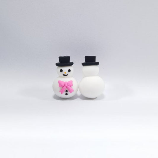 3D Cute Snowman with Black Hat Pink Bowknot Silicone Focal Beads