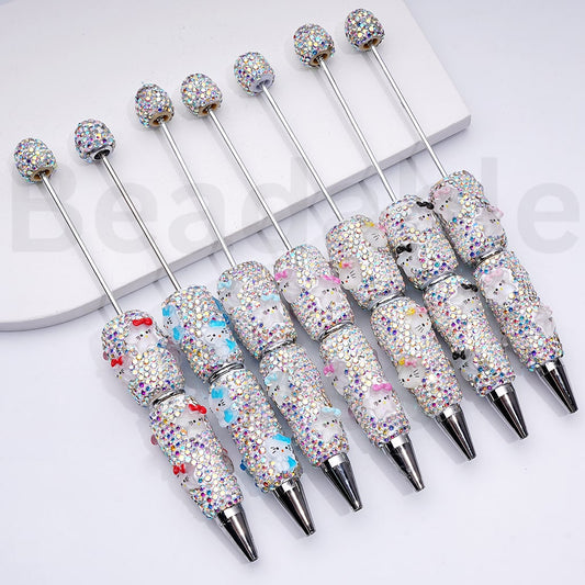 Beadable Clay Pens with Cute HK Kitten with Bows Mini AB Rhinestones Covered the Entire Pen