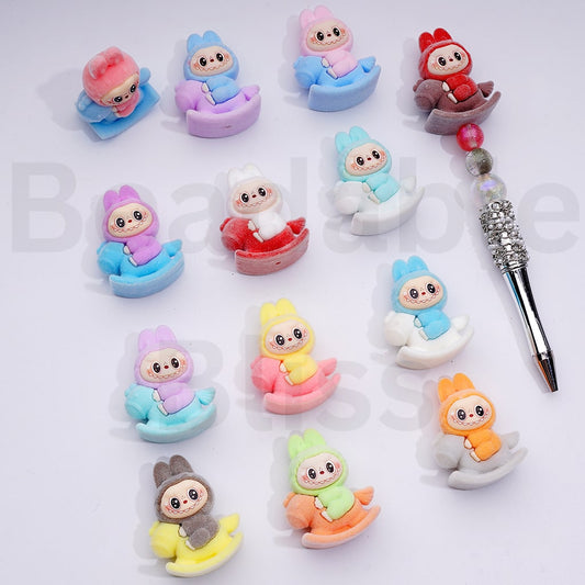 Cute Flocked Fluffy Labub Pop Mar Rides a Horseback Carousel Pen Topper, 44*34MM, Random Mix (Half-Through Hole)