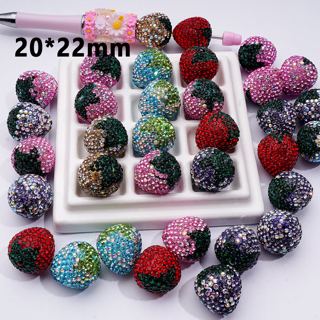 Strawberry Clay Beads with Rhinestones, 20mm by 22mm