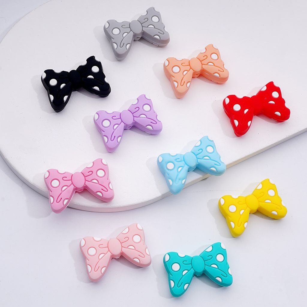 Multi-Color Bowties Bowknots with White Spots Silicone Focal Beads, Random Mix