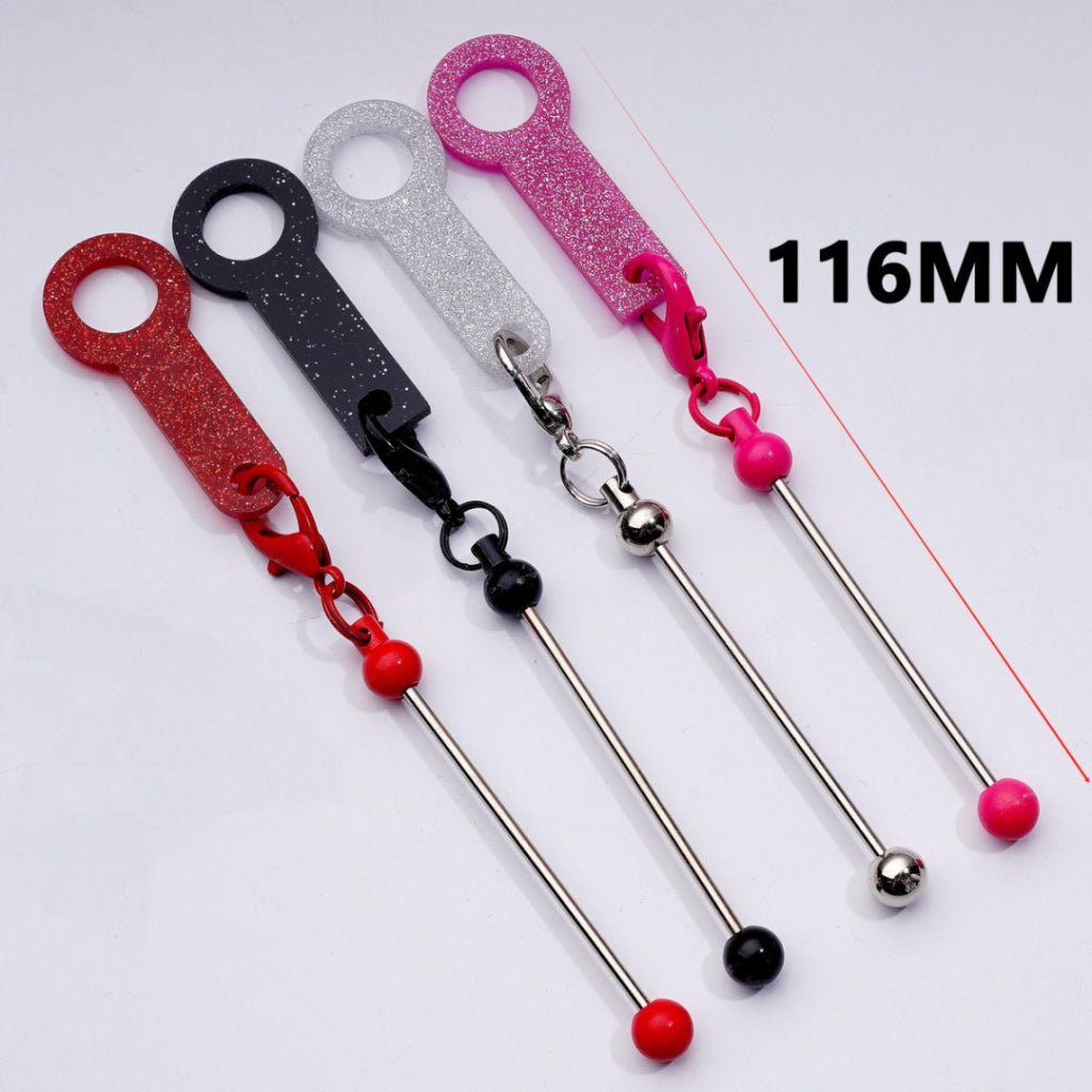 DIY Beadable Metal Bar for Keychain in Solid Color with Carabiner Hook Plastic Long Ring Hoop on Cup's Straw, 116MM