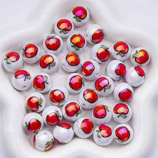 UV Coating Red Apples Round Acrylic Beads, 16MM