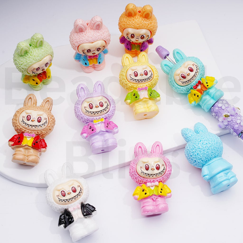Cute  Labub with Suits Bowtie Pendants Pen Topper Acrylic Beads, 52*30MM, Random Mix