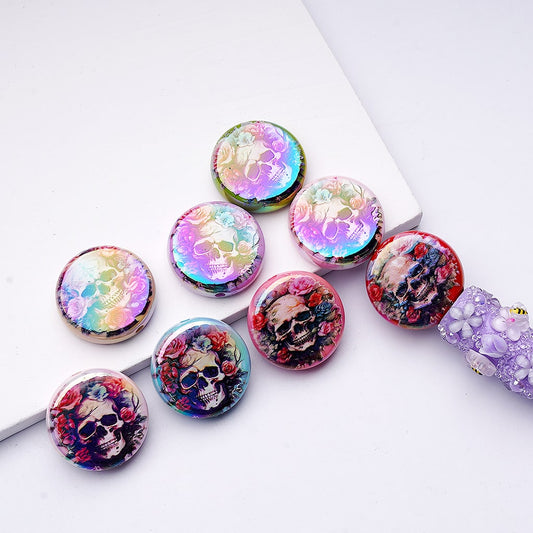 UV Coating Horror Skeleton Skull Heads Flowers Round Flat Acrylic Beads, 24MM