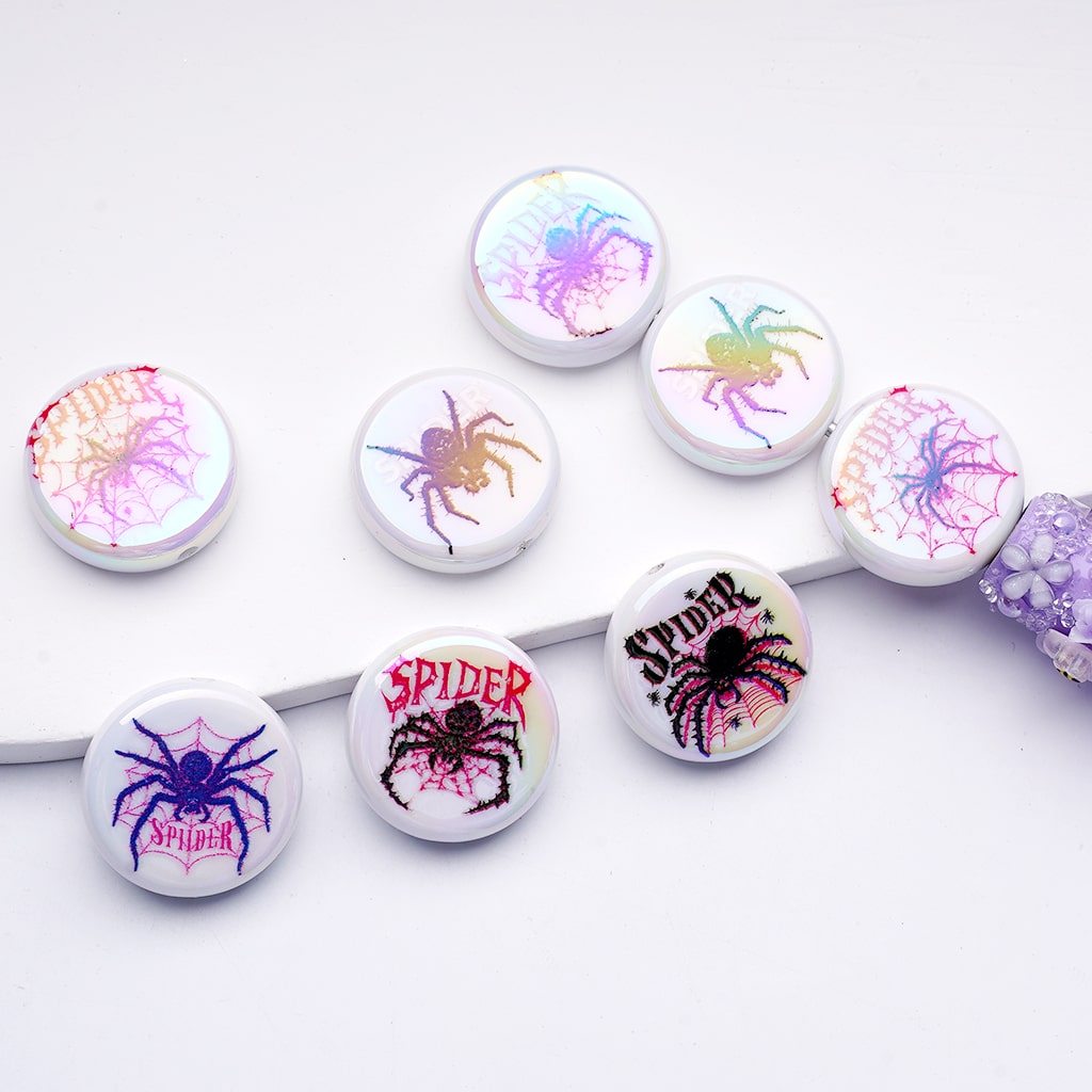 UV Coating Spiders White Round Flat Acrylic Beads, 24MM, Random Mix