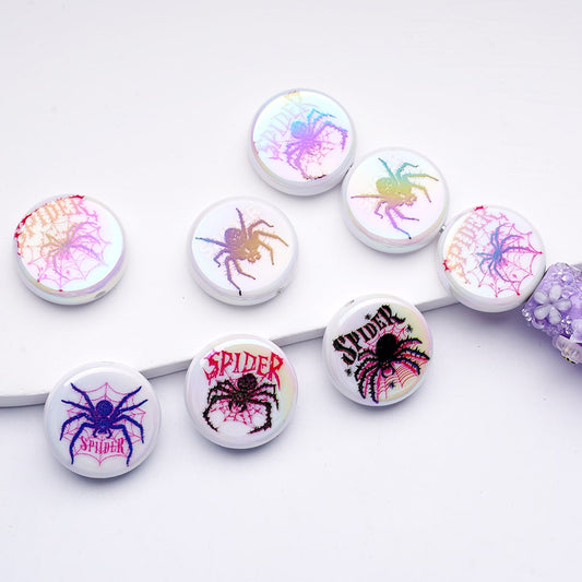 UV Coating Spiders White Round Flat Acrylic Beads, 24MM, Random Mix