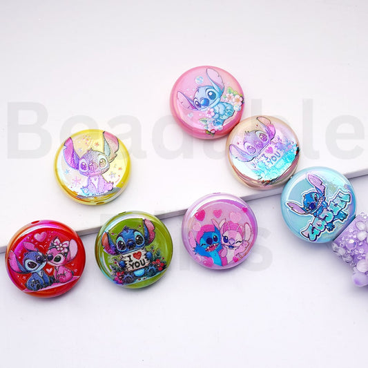 UV Coating Cute Stitc Round Flat Acrylic Beads, 24MM, Random Mix