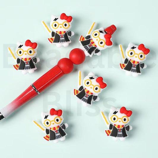 3D Cute Hello Kitt with Magic Robe Wand Glasses Red Bowknot Harr Potte Silicone Focal Beads