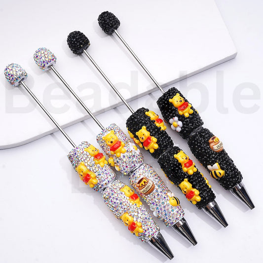 Cute Winni the Poo Bee Flower Bunny Pot Black & AB Rhinestones Beadable Clay Pens