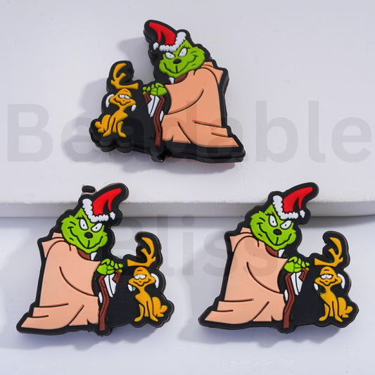 Cartoon Christmas Green Monster and His Dog Silicone Focal Beads