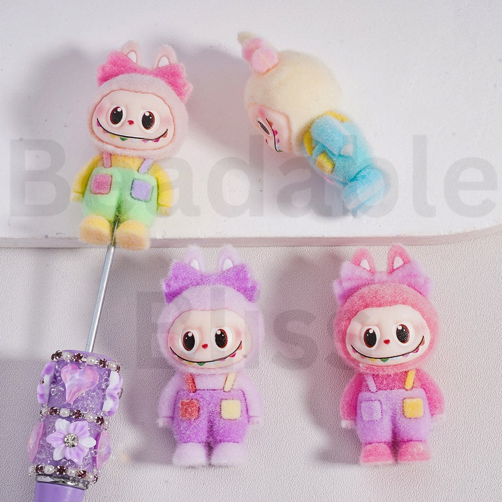 Cute Flocked L-B-B in Suspender Trousers Overalls with Bowknots Acrylic Beads Pen Toppers Pendants Jewelry Accessories, 50*24MM