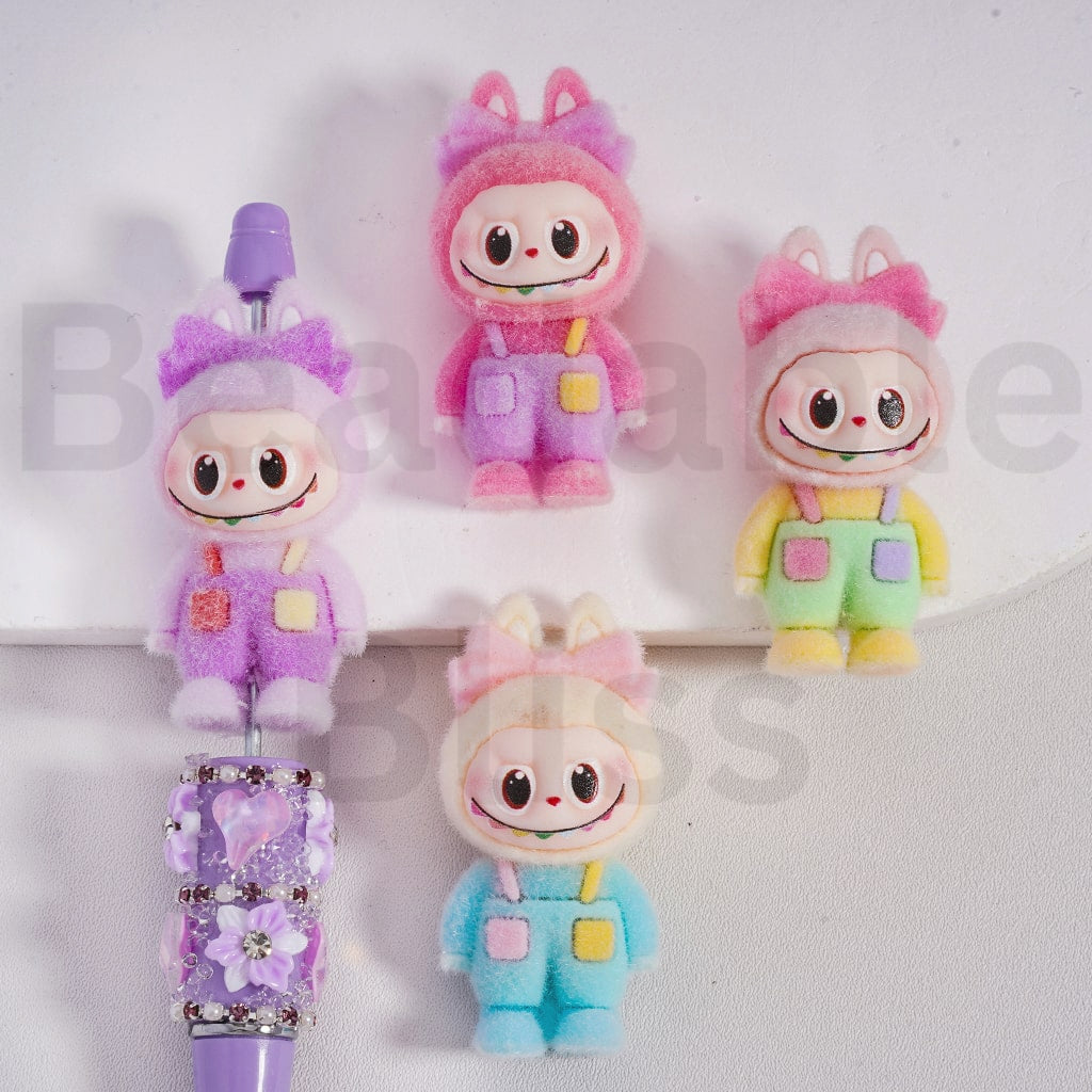 Cute Flocked L-B-B in Suspender Trousers Overalls with Bowknots Acrylic Beads Pen Toppers Pendants Jewelry Accessories, 50*24MM