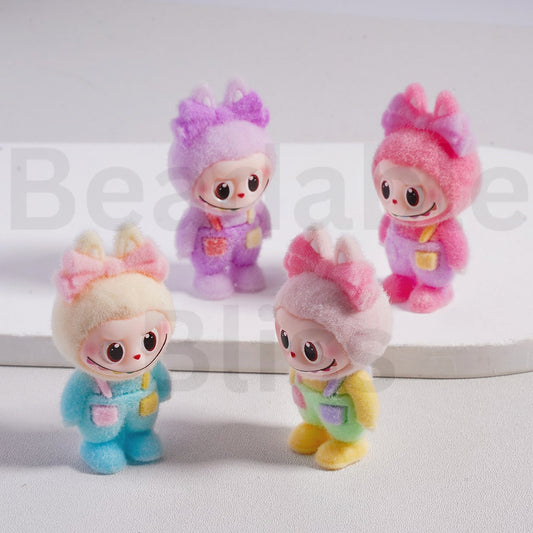 Cute Flocked Labub in Suspender Trousers Overalls with Bowknots Acrylic Beads Pen Toppers Pendants Jewelry Accessories, 50*24MM