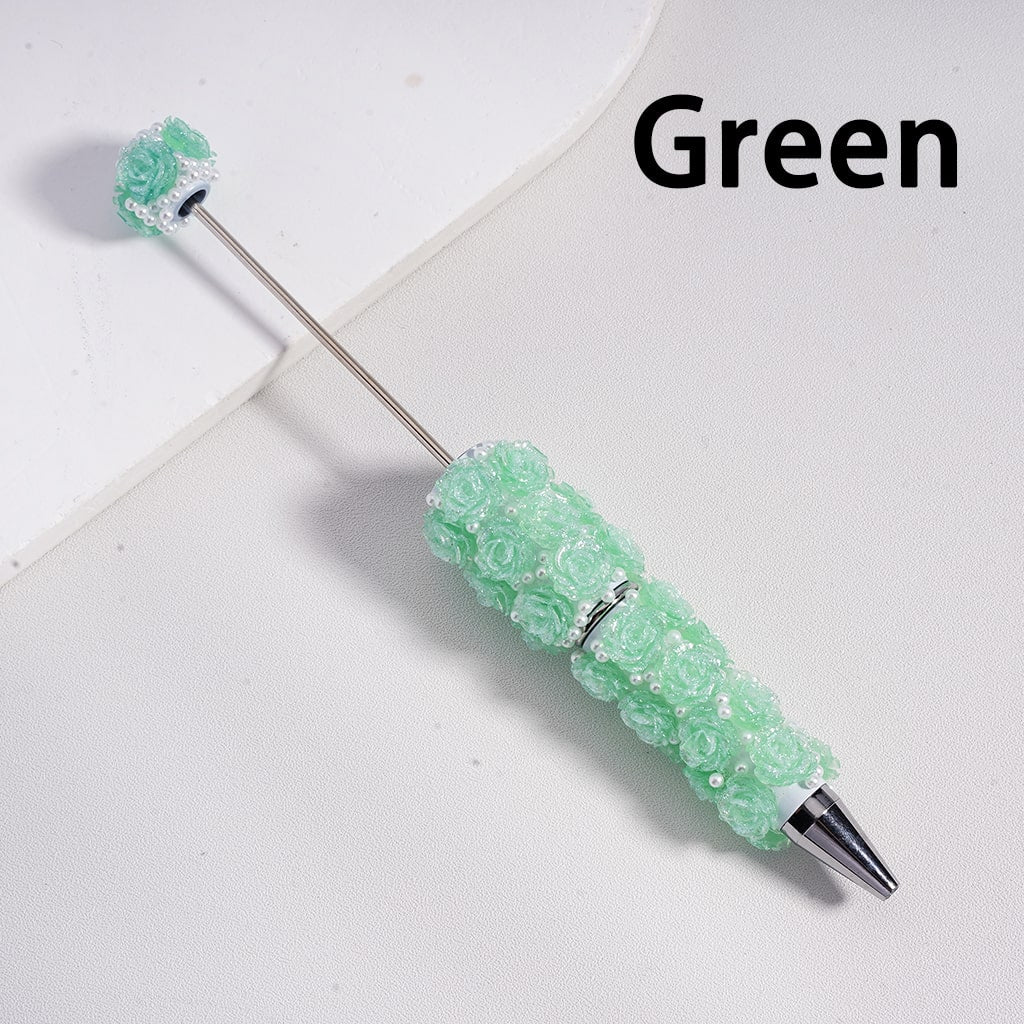 Beadable Pen Covered by Shiny Glitter Flowers White Pearls