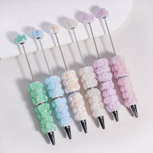 Beadable Pen Covered by Shiny Glitter Flowers White Pearls