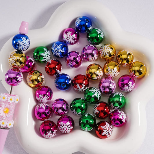 Bling Bling Metallic Color White Snow Flower Round Acrylic Beads, Random Mix, 16MM