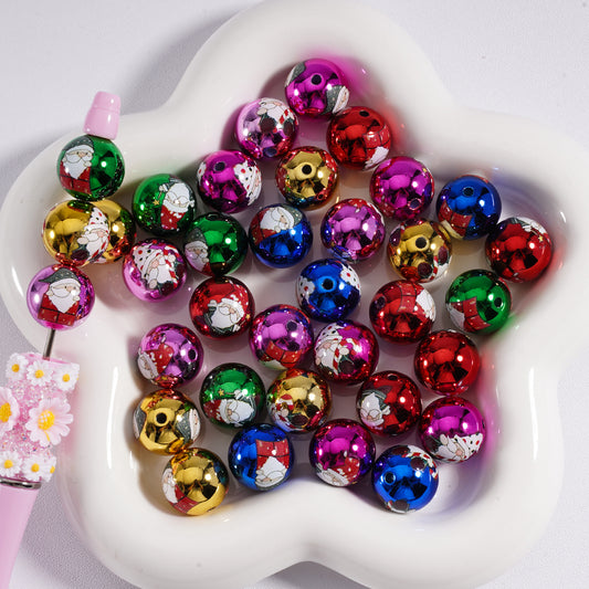 Bling Bling Metallic Color Christmas Father Santa Claus in Green Red Hat Round Acrylic Beads, Random Mix, 16MM