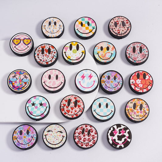 Flower Checkerboard Fruit Cow Pattern Beverage Bottle Smile Face Round Flat Silicone Focal Beads, Random Mix