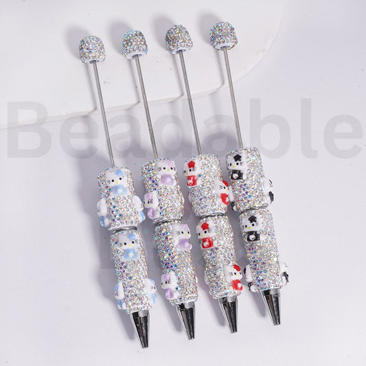 Beadable Clay Pens with Cute HK Kitten AB Rhinestones Covered the Entire Pen, Random Mix