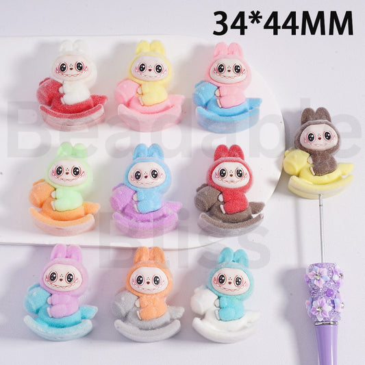 Cute Flocked Fluffy Labub Pop Mar Rides a Horseback Carousel Pen Topper, 44*34MM, Random Mix (Half-Through Hole)