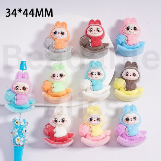 Cute Flocked Fluffy  L-B-B Pop Mar Rides a Horseback Carousel Acrylic Beads, 44*34MM, Random Mix (All Through Hole)