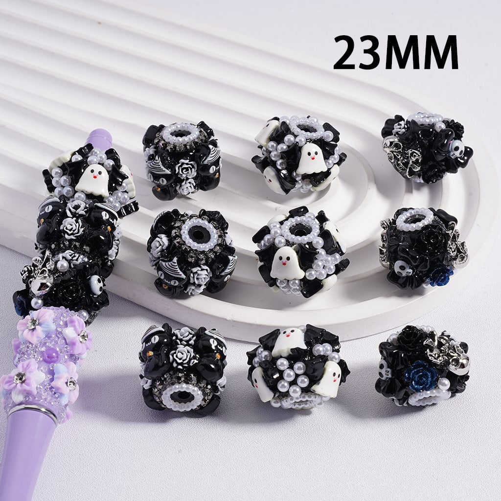 Halloween Black Flowers White Ghost Pearls Acrylic Beads, 23MM, Random Mix