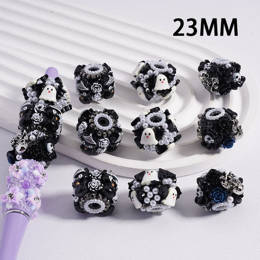Halloween Black Flowers White Ghost Pearls Acrylic Beads, 23MM, Random Mix